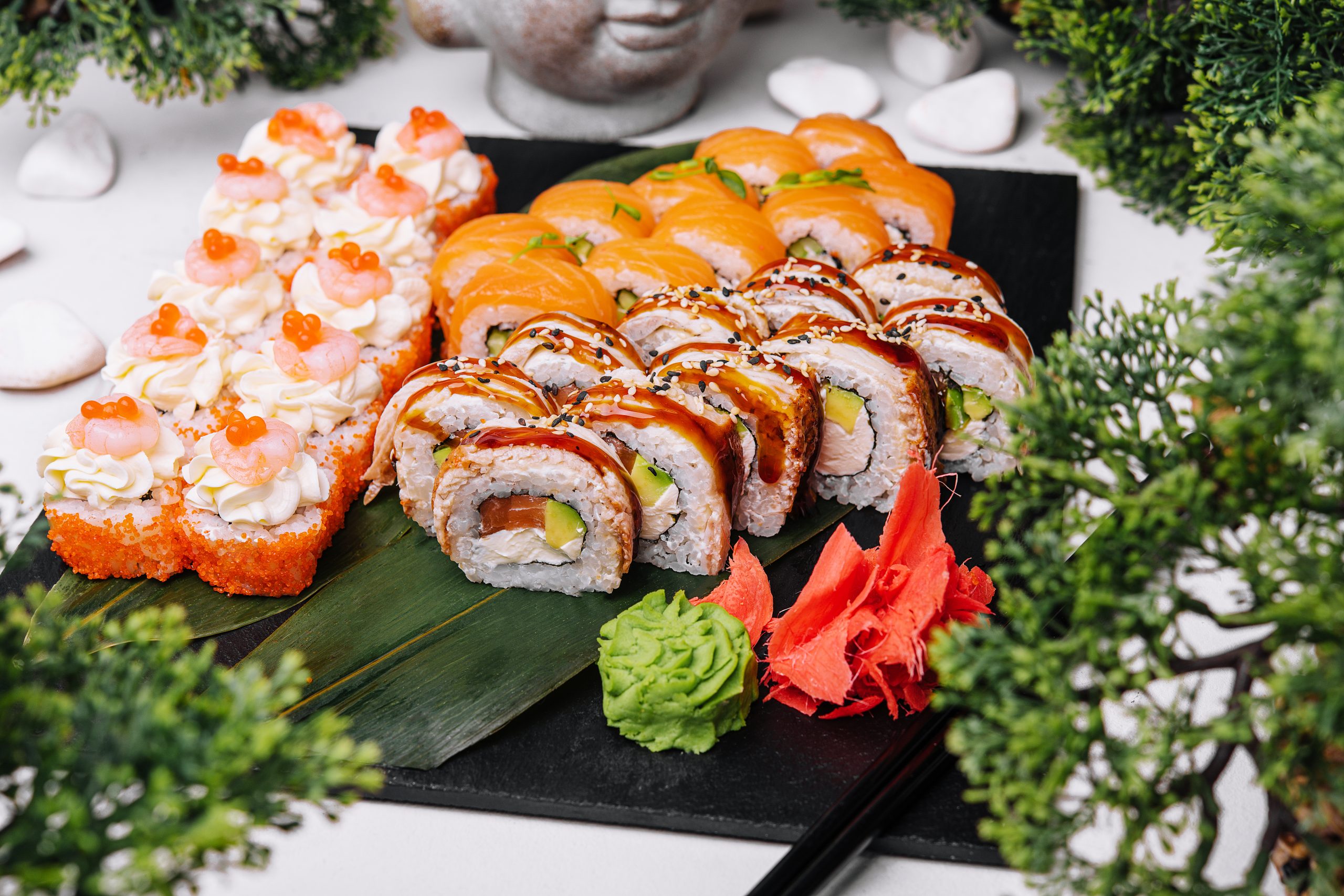 Fresh sushi traditional japanese food on big plate